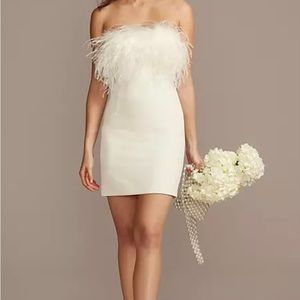 NTW Davids Bridal strapless crepe feather trim mini dress